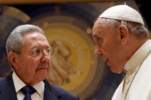 Pope Francis meets Cuban President Raul Castro during a private audience at the Vatican